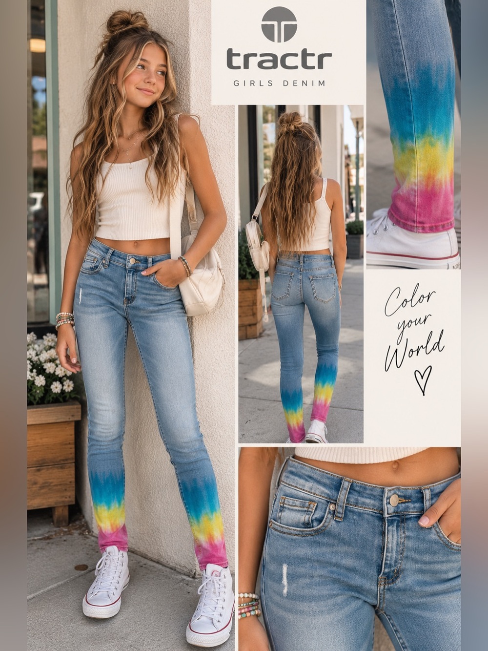 Tractr Girls Size 14 Tie Dye Dip Dye Skinny Jeans Rainbow Hem Stretch
